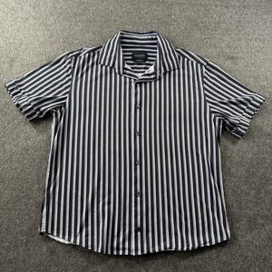 Bugatchi Shirt Mens L Blue Stripe OoohCotton Tech 8 Way Stretch Short Sleeve